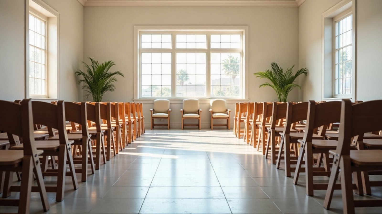 A fellowship hall wiped down and set for the next gathering